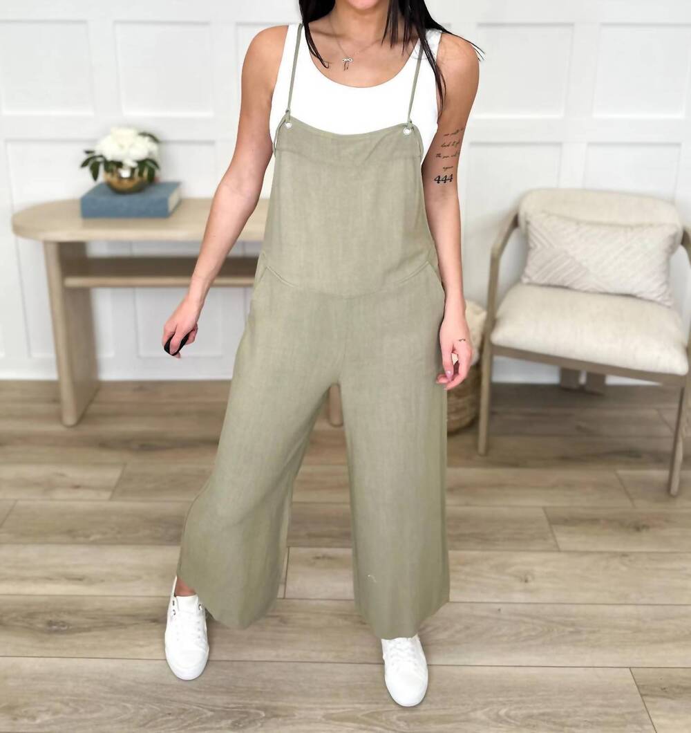 NEW FINAL TOUCH lightweight wide leg cropped jumpsuit in olive